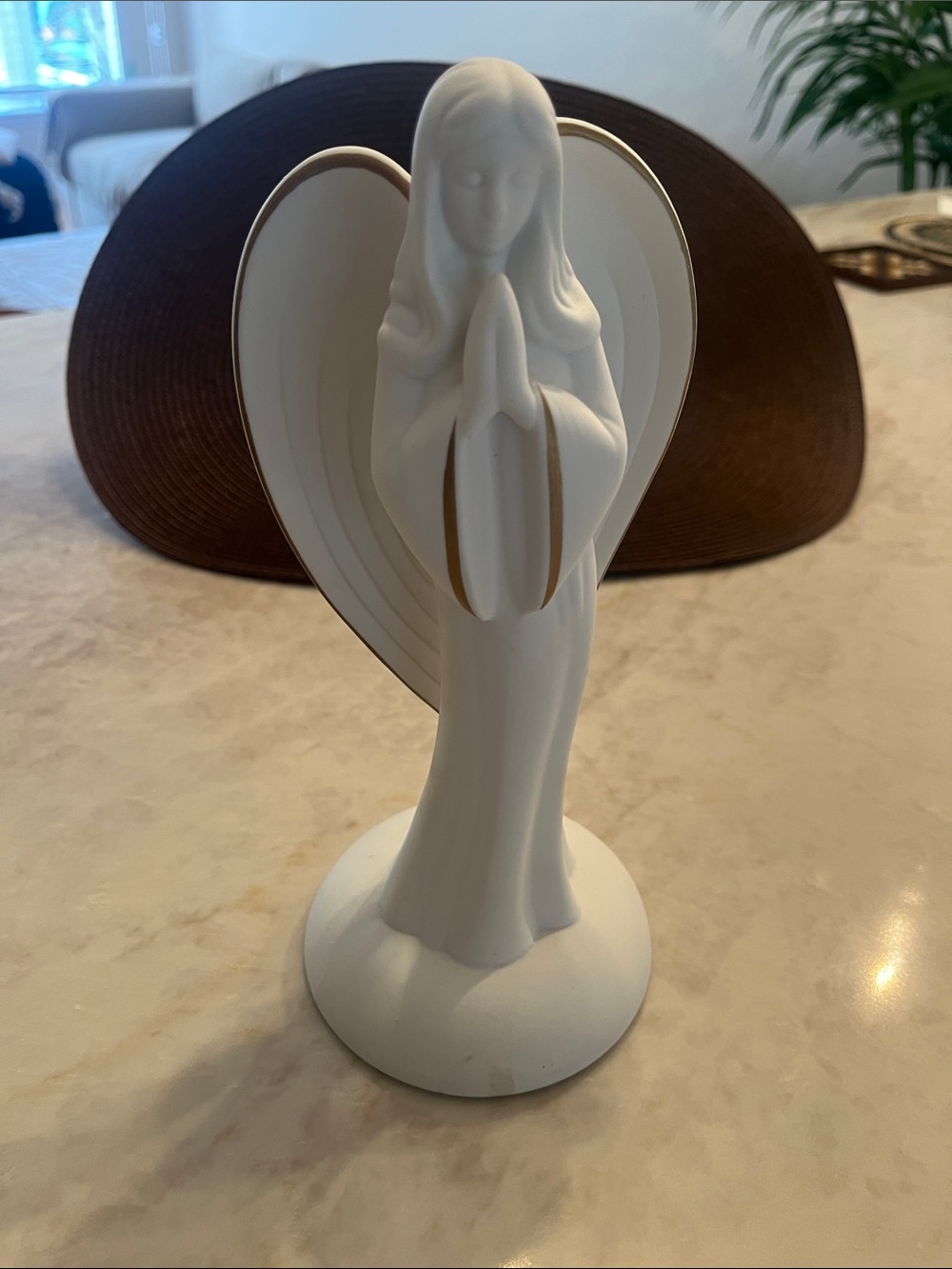 White Ceramic Praying Angel Figurine with Gold Accents